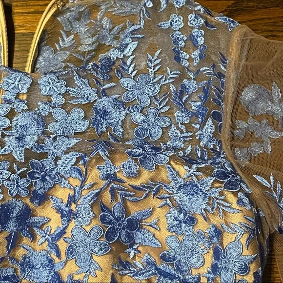 NWT Formal Floral Embroidered Long Mermaid Evening Gown w French Blue Lace - Picture 7 of 9